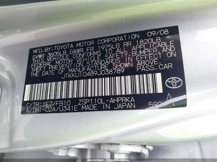 2009 Scion Xd VIN: JTKKU10489J038789 Lot: 43878083