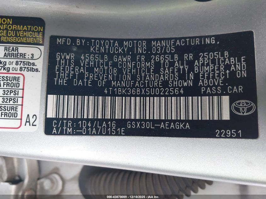 2005 Toyota Avalon Xls VIN: 4T1BK36BX5U022564 Lot: 43878089