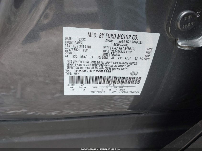 2023 Ford Explorer Xlt VIN: 1FMSK7DH1PGB93851 Lot: 43878096