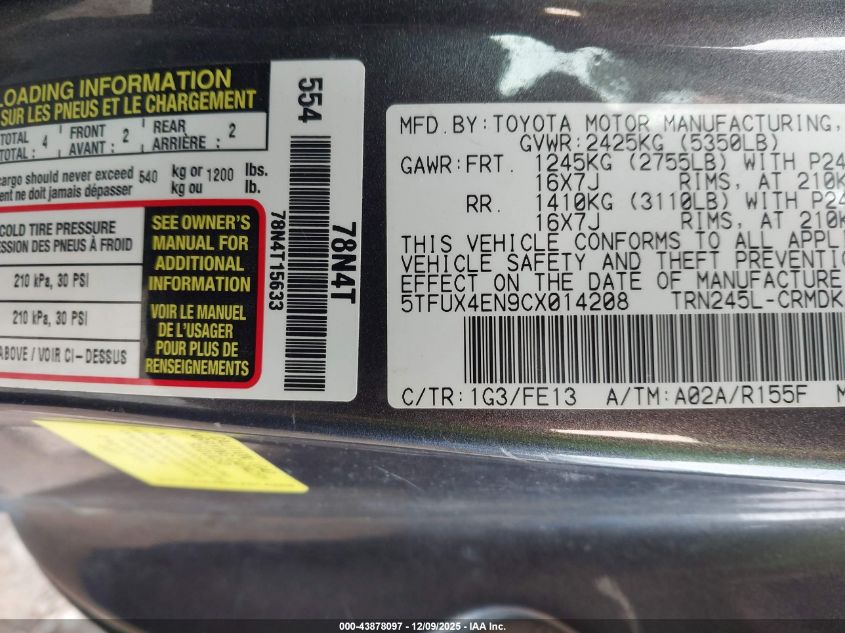 2012 Toyota Tacoma VIN: 5TFUX4EN9CX014208 Lot: 43878097