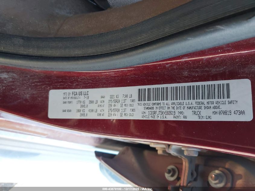 2019 Ram 1500 Laramie 4X4 5'7 Box VIN: 1C6SRFJT5KN582619 Lot: 43878100