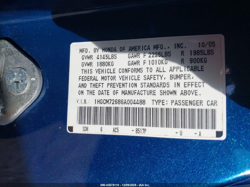 2006 Honda Accord 2.4 Ex VIN: 1HGCM72686A004488 Lot: 43878110