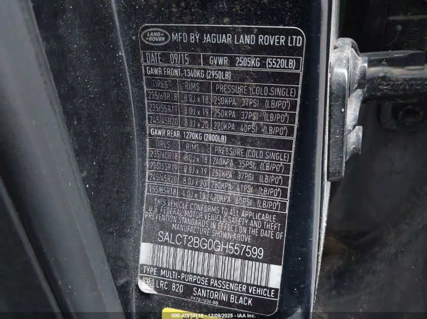 2016 Land Rover Discovery Sport Hse Lux VIN: SALCT2BG0GH557599 Lot: 43878116