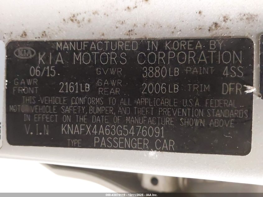 2016 Kia Forte Lx VIN: KNAFX4A63G5476091 Lot: 43878119