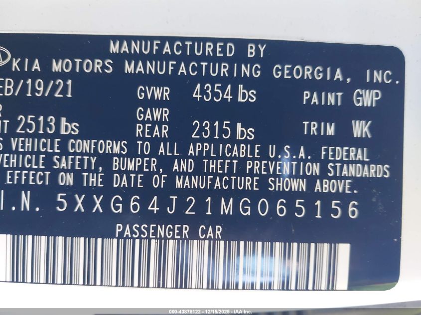 2021 Kia K5 Gt-Line VIN: 5XXG64J21MG065156 Lot: 43878122