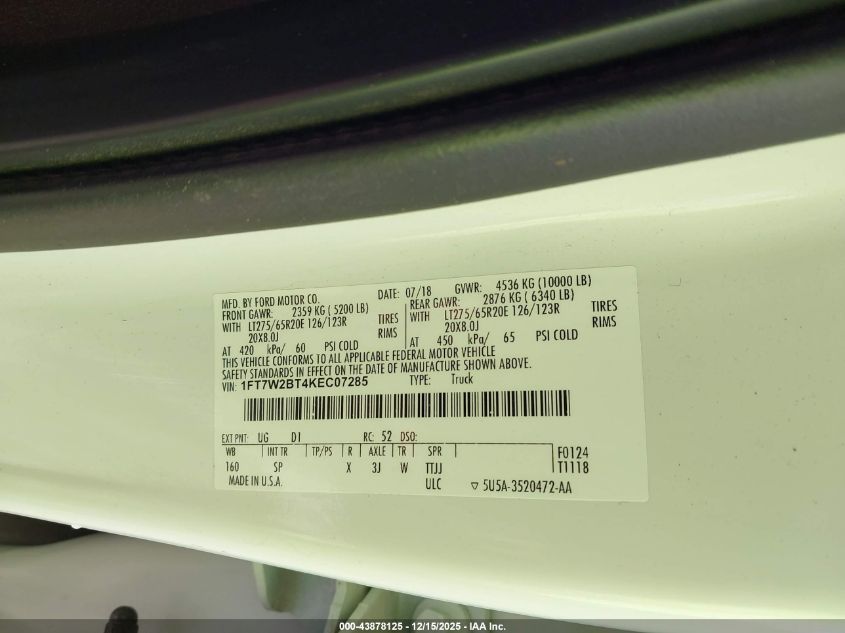 2019 Ford F-250 King Ranch VIN: 1FT7W2BT4KEC07285 Lot: 43878125