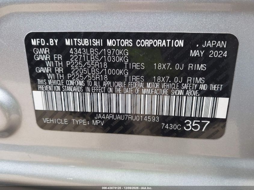 2024 Mitsubishi Outlander Sport 2.0 Es Awc VIN: JA4ARUAU7RU014593 Lot: 43878128