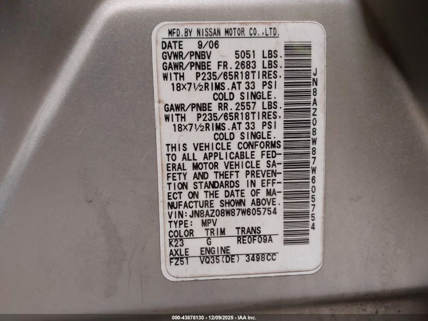 2007 Nissan Murano Se VIN: JN8AZ08W87W605754 Lot: 43878130