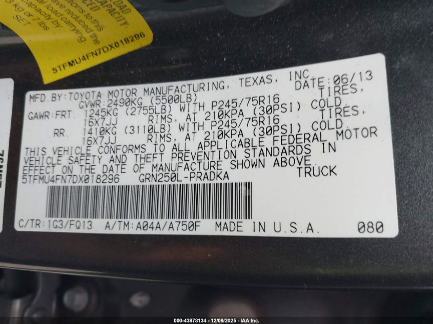 2013 Toyota Tacoma Base V6 VIN: 5TFMU4FN7DX018296 Lot: 43878134