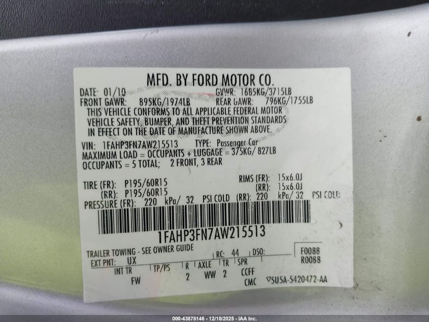 2010 Ford Focus Se VIN: 1FAHP3FN7AW215513 Lot: 43878146