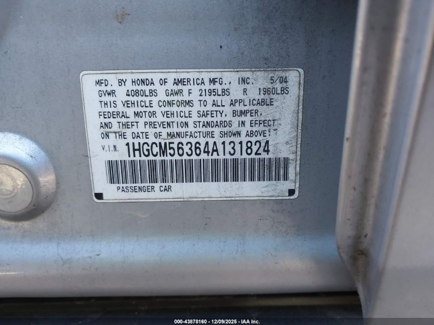2004 Honda Accord 2.4 Lx VIN: 1HGCM56364A131824 Lot: 43878160