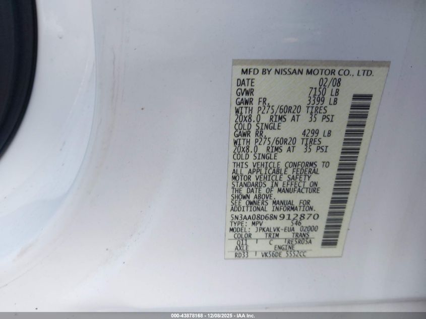 2008 Infiniti Qx56 VIN: 5N3AA08D68N912870 Lot: 43878168