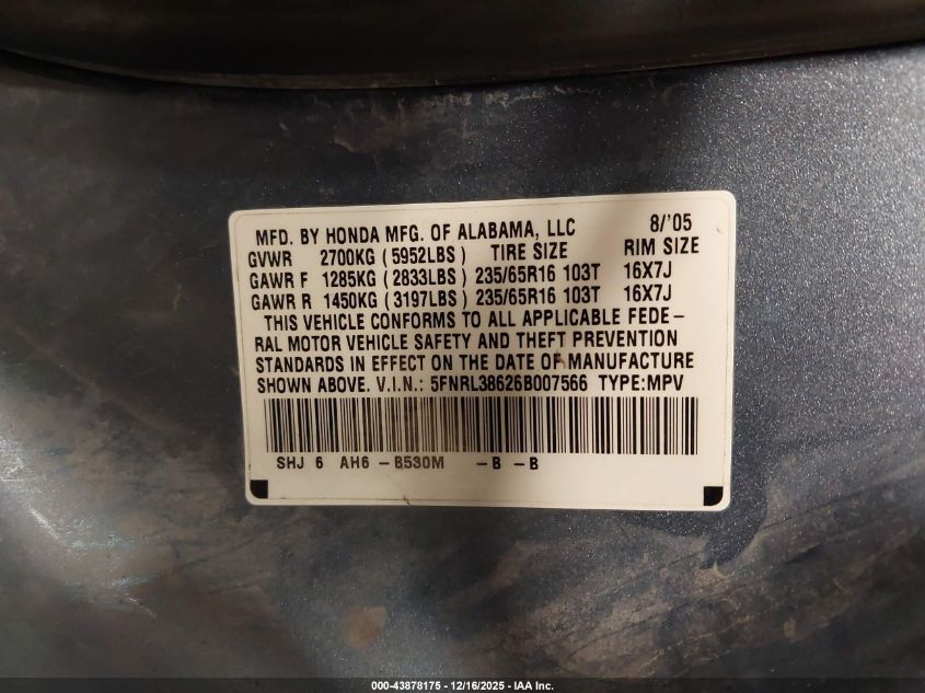 2006 Honda Odyssey Ex-L VIN: 5FNRL38626B007566 Lot: 43878175