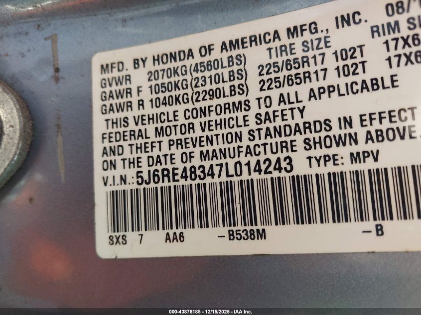 2007 Honda Cr-V Lx VIN: 5J6RE48347L014243 Lot: 43878185