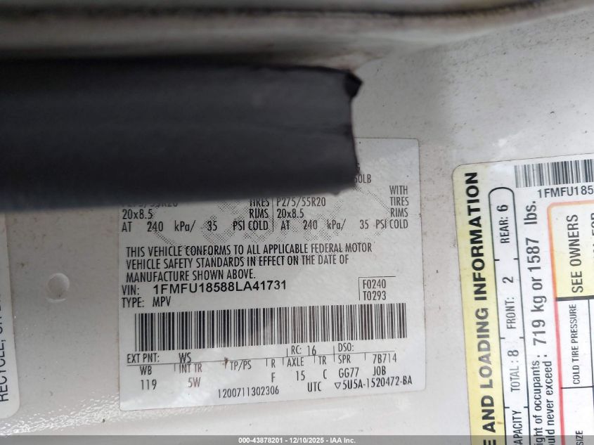 2008 Ford Expedition Eddie Bauer/King Ranch VIN: 1FMFU18588LA41731 Lot: 43878201