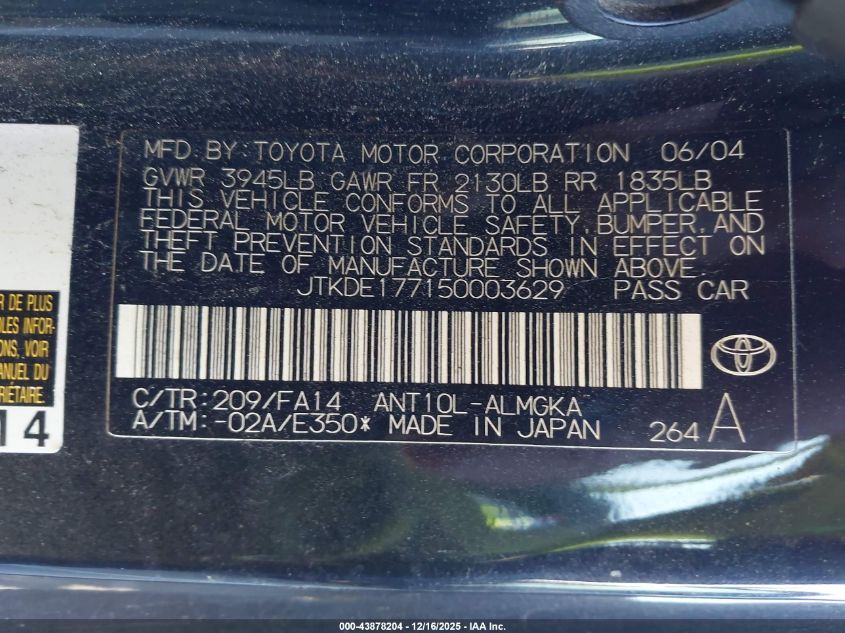 2005 Scion Tc VIN: JTKDE177150003629 Lot: 43878204