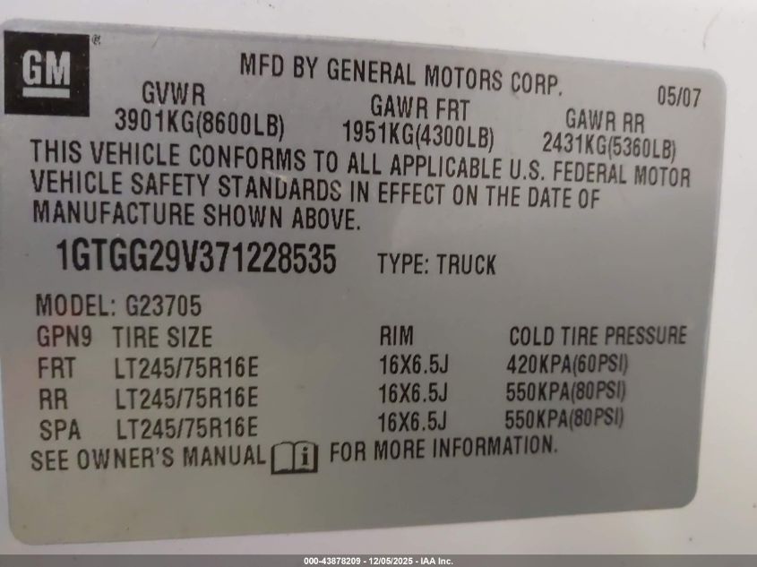 2007 GMC Savana Work Van VIN: 1GTGG29V371228535 Lot: 43878209