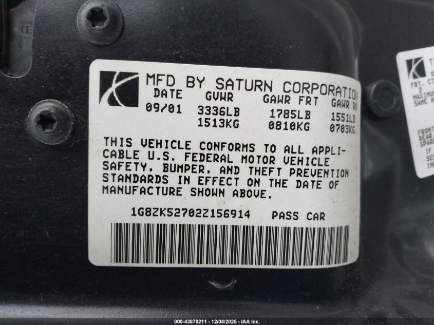 2002 Saturn S-Series Sl2 VIN: 1G8ZK52702Z156914 Lot: 43878211