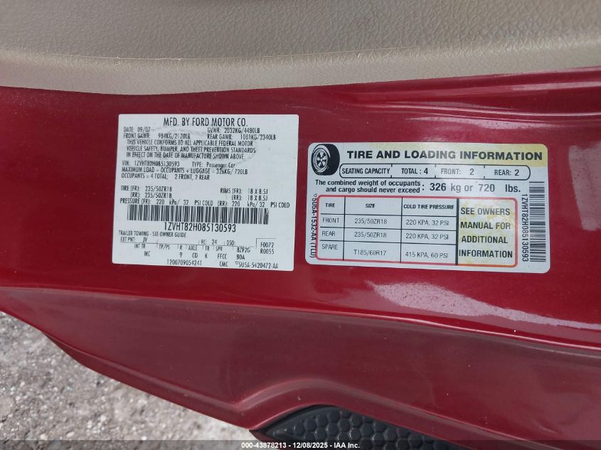 2008 Ford Mustang Gt Deluxe/Gt Premium VIN: 1ZVHT82H085130593 Lot: 43878213