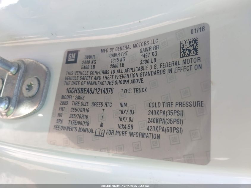 2018 Chevrolet Colorado Wt VIN: 1GCHSBEA8J1214076 Lot: 43878239