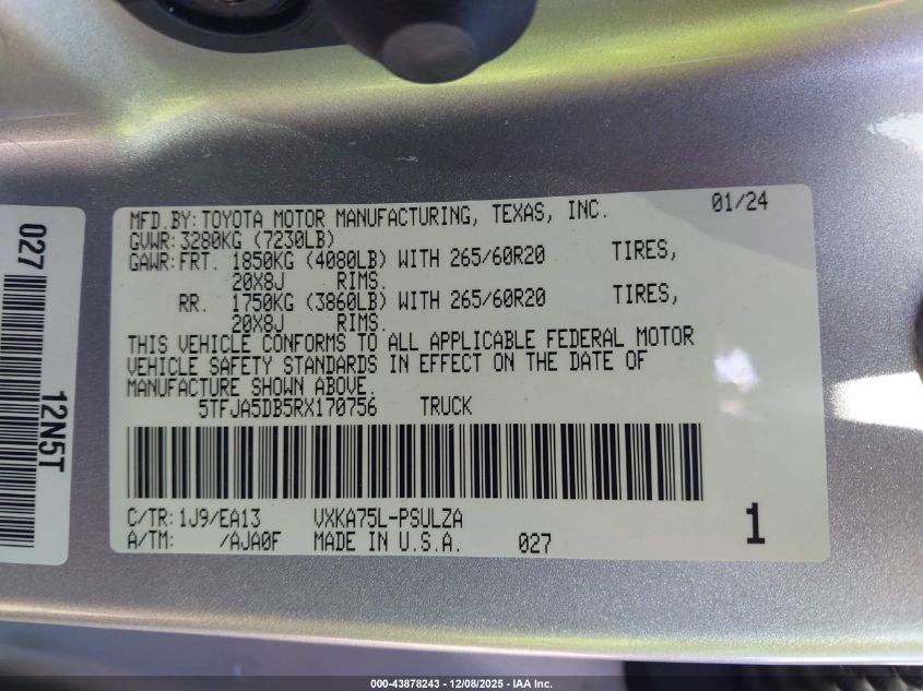 2024 Toyota Tundra Limited VIN: 5TFJA5DB5RX170756 Lot: 43878243