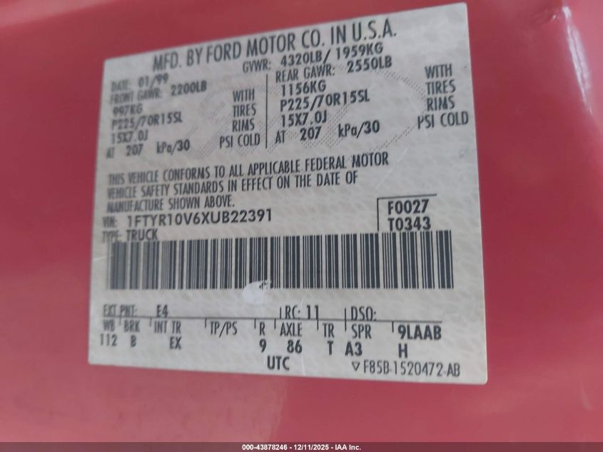 1999 Ford Ranger Xl/Xlt VIN: 1FTYR10V6XUB22391 Lot: 43878246