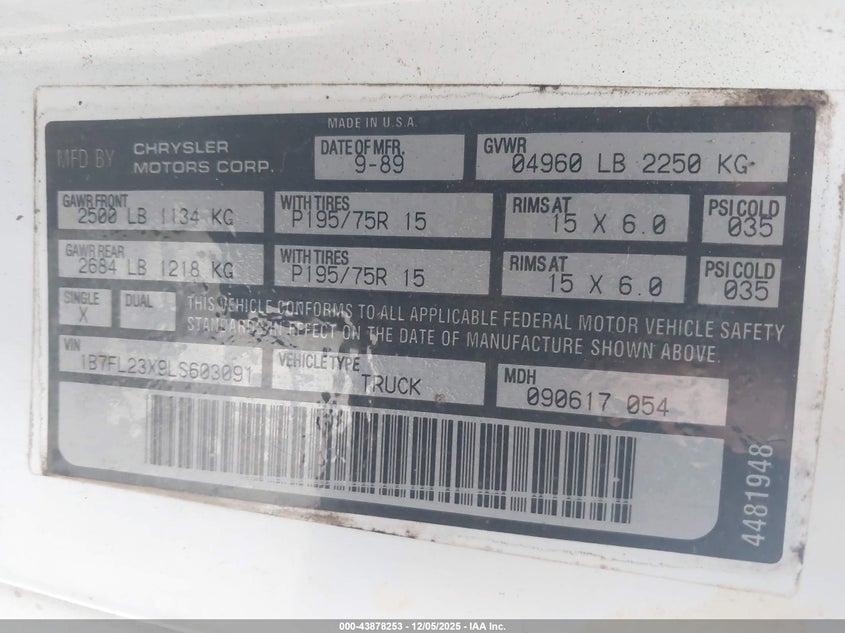 1B7FL23X9LS603091 1990 DODGE DAKOTA photo no. 9