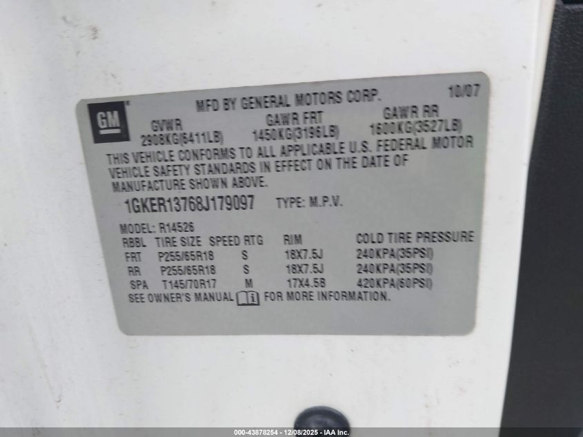 2008 GMC Acadia Sle-1 VIN: 1GKER13768J179097 Lot: 43878254