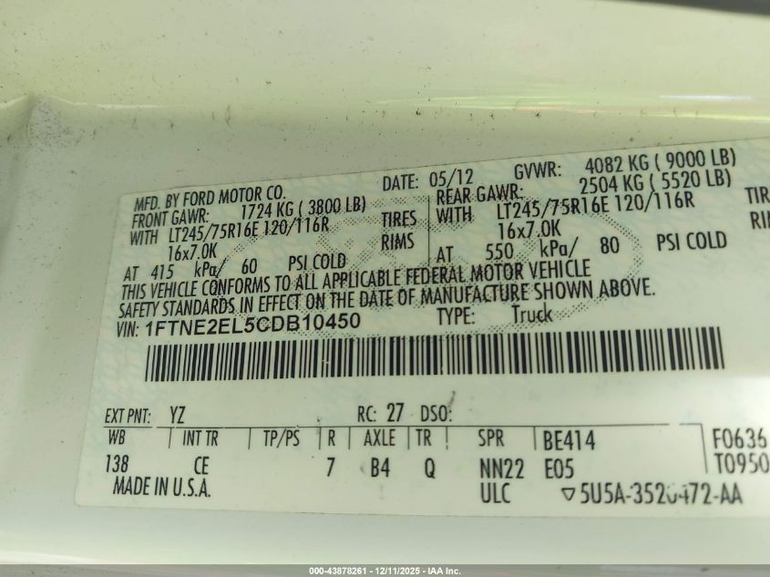 2012 Ford E-250 Commercial VIN: 1FTNE2EL5CDB10450 Lot: 43878261