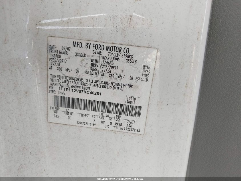 2007 Ford F-150 Xl/Xlt VIN: 1FTPF12V67KC40261 Lot: 43878262