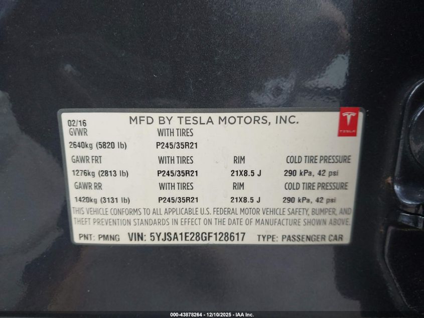 2016 Tesla Model S 60D/70D/75D/85D/90D VIN: 5YJSA1E28GF128617 Lot: 43878264