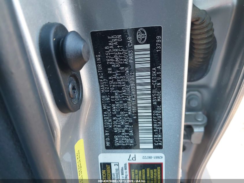 2017 Toyota Camry Se VIN: 4T1BF1FK2HU397362 Lot: 43878265