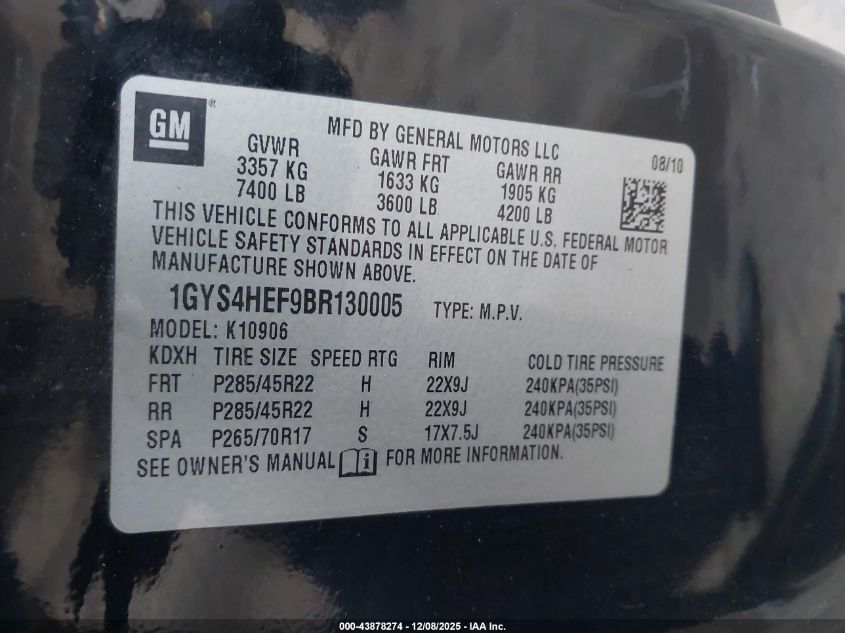 2011 Cadillac Escalade Esv Luxury VIN: 1GYS4HEF9BR130005 Lot: 43878274