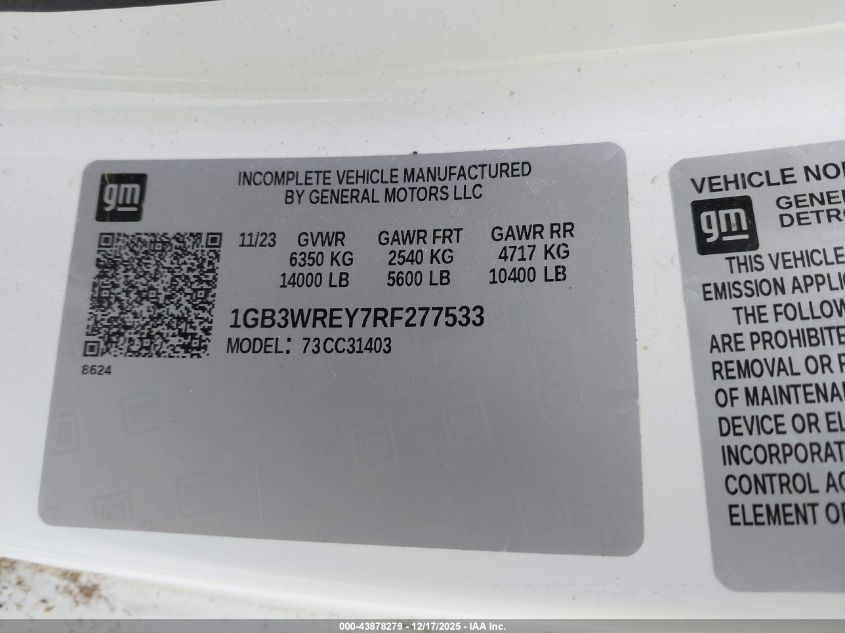 2024 Chevrolet Silverado 3500Hd Chassis Work Truck VIN: 1GB3WREY7RF277533 Lot: 43878279