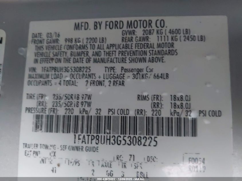 2016 Ford Mustang Ecoboost Premium VIN: 1FATP8UH3G5308225 Lot: 43878282