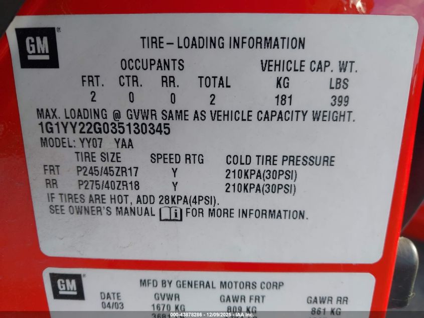 2003 Chevrolet Corvette VIN: 1G1YY22G035130345 Lot: 43878286