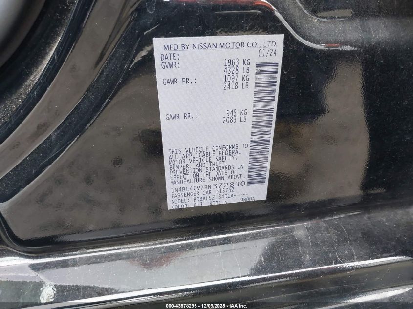 2024 Nissan Altima Sr Fwd VIN: 1N4BL4CV7RN372830 Lot: 43878295