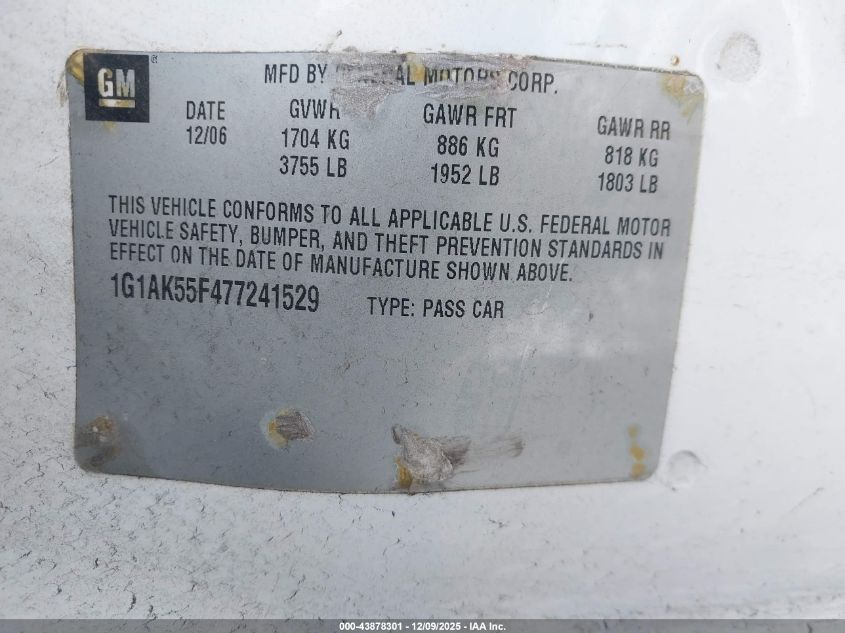 2007 Chevrolet Cobalt Ls VIN: 1G1AK55F477241529 Lot: 43878301