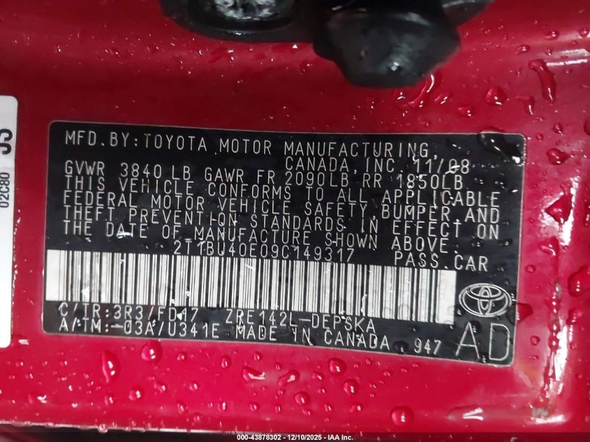 2009 Toyota Corolla S VIN: 2T1BU40E09C149317 Lot: 43878302