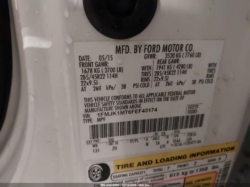 2015 Ford Expedition El Platinum VIN: 1FMJK1MT6FEF43174 Lot: 43878303