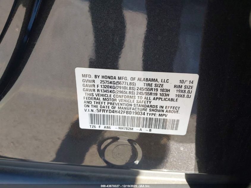 2015 Acura Mdx Technology Package VIN: 5FRYD4H42FB019034 Lot: 43878327