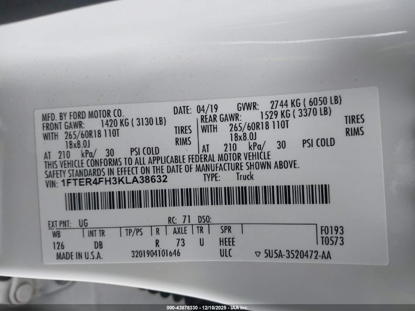 2019 Ford Ranger Lariat VIN: 1FTER4FH3KLA38632 Lot: 43878330