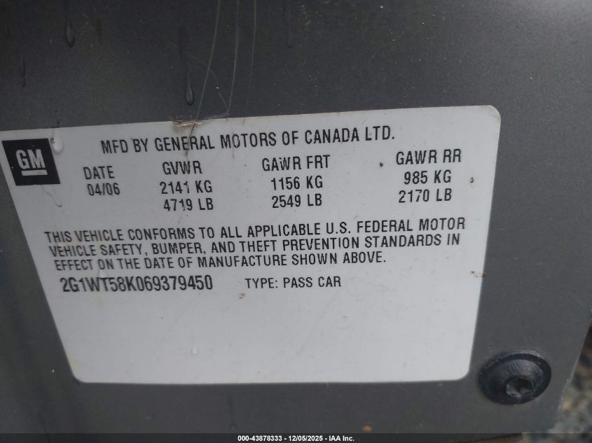 2006 Chevrolet Impala Lt VIN: 2G1WT58K069379450 Lot: 43878333