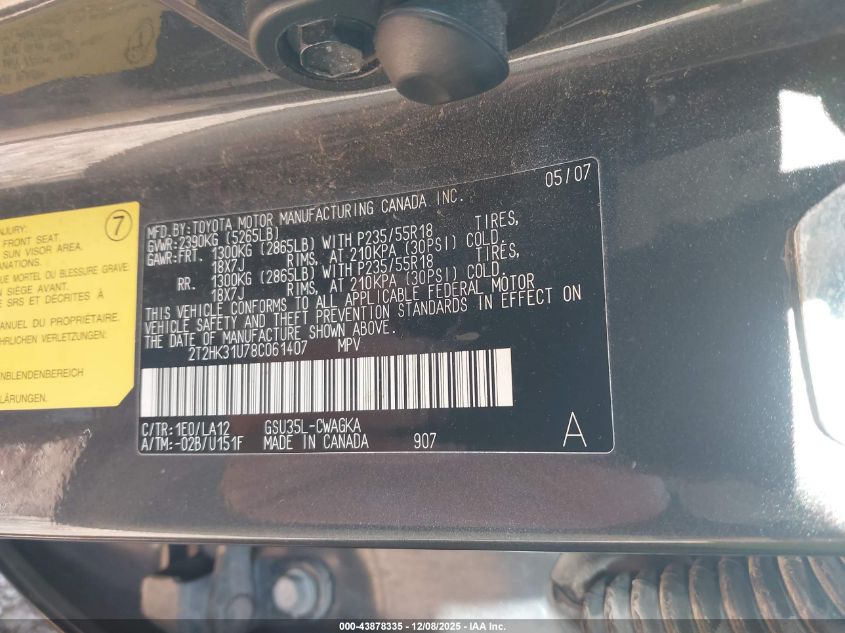 2008 Lexus Rx 350 VIN: 2T2HK31U78C061407 Lot: 43878335