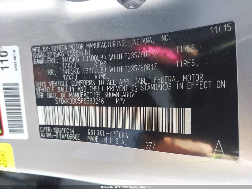 2015 Toyota Sienna Le 8 Passenger VIN: 5TDKK3DC5FS683246 Lot: 43878351