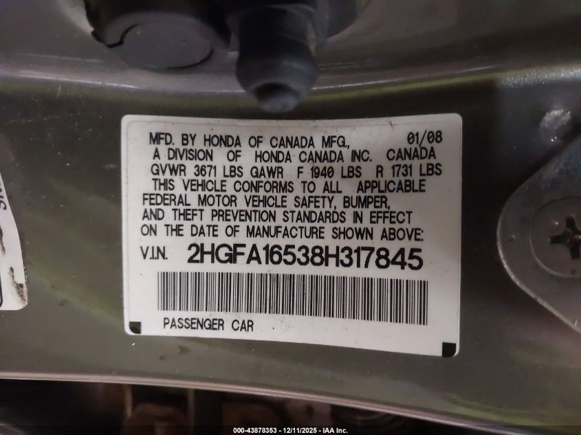 2008 Honda Civic Lx VIN: 2HGFA16538H317845 Lot: 43878353