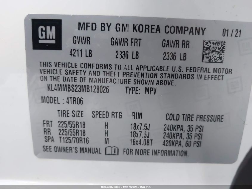 2021 Buick Encore Gx Fwd Preferred VIN: KL4MMBS23MB128026 Lot: 43878366