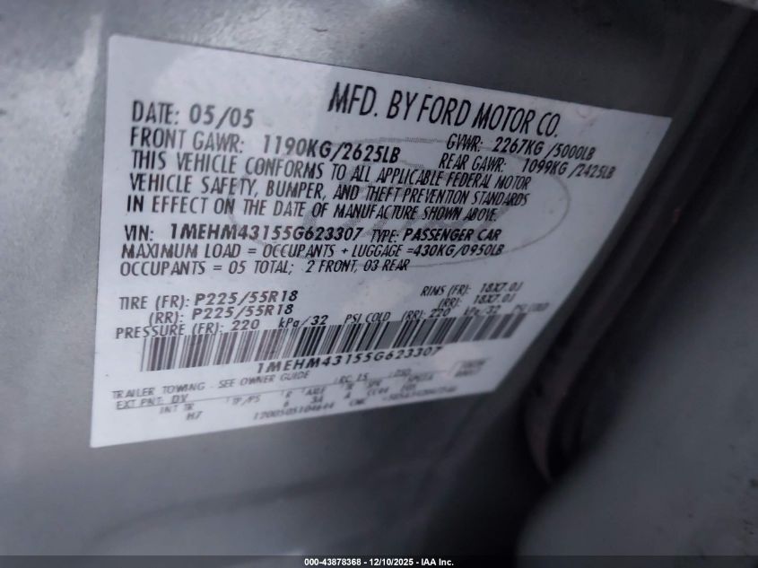 2005 Mercury Montego Premier VIN: 1MEHM43155G623307 Lot: 43878368