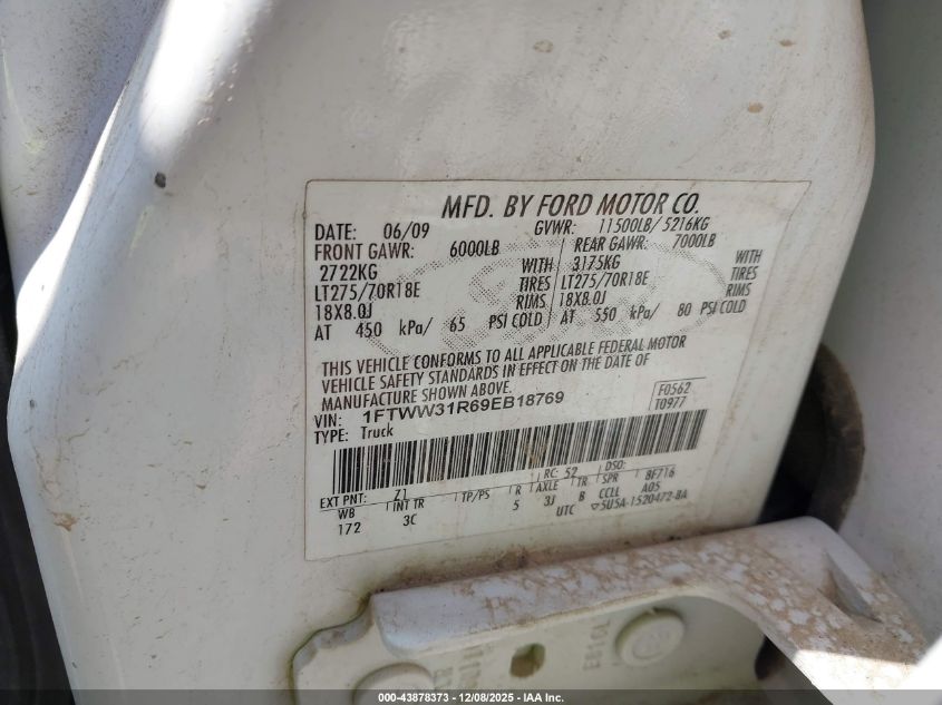 2009 Ford F-350 Fx4/Harley-Davidson/King Ranch/Lariat/Xl/Xlt VIN: 1FTWW31R69EB18769 Lot: 43878373