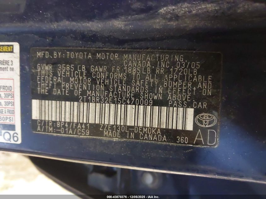 2005 Toyota Corolla Ce VIN: 2T1BR32E15C470009 Lot: 43878376